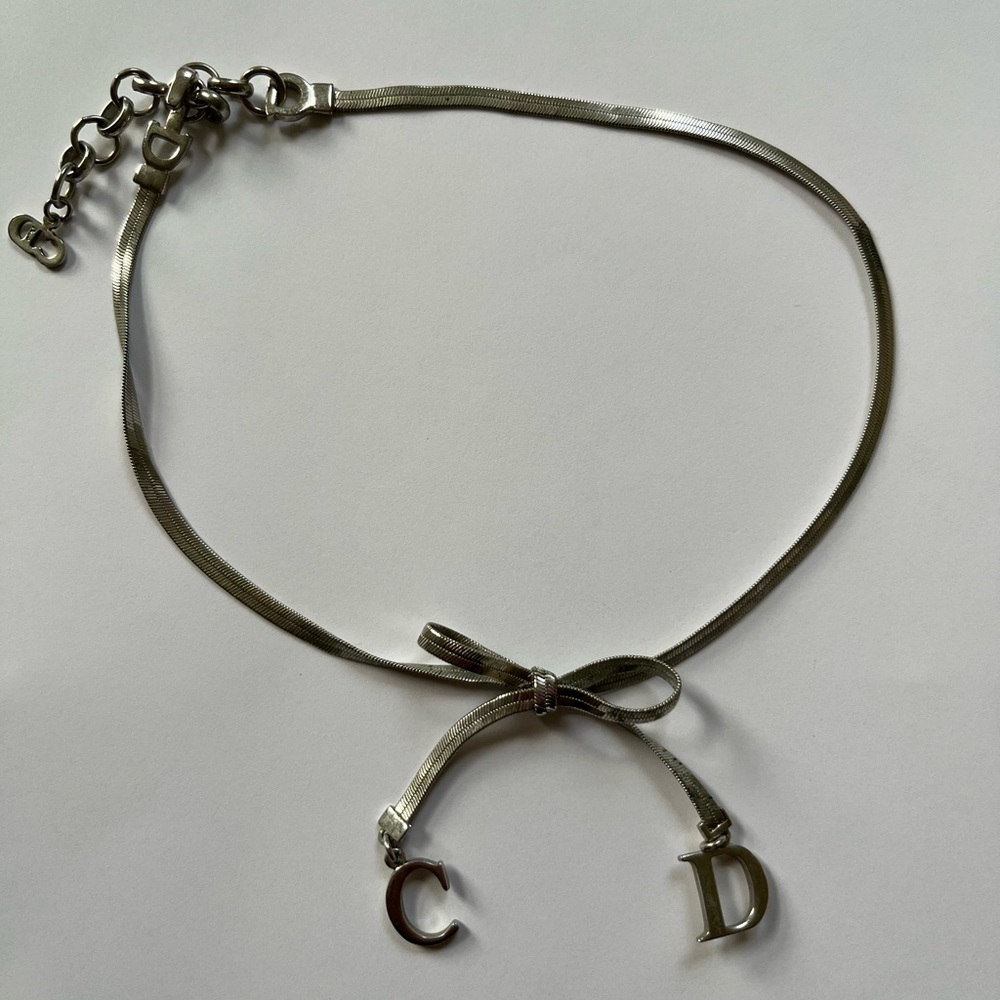 Authentic Vintage DIOR silver bow adjustable choker necklace